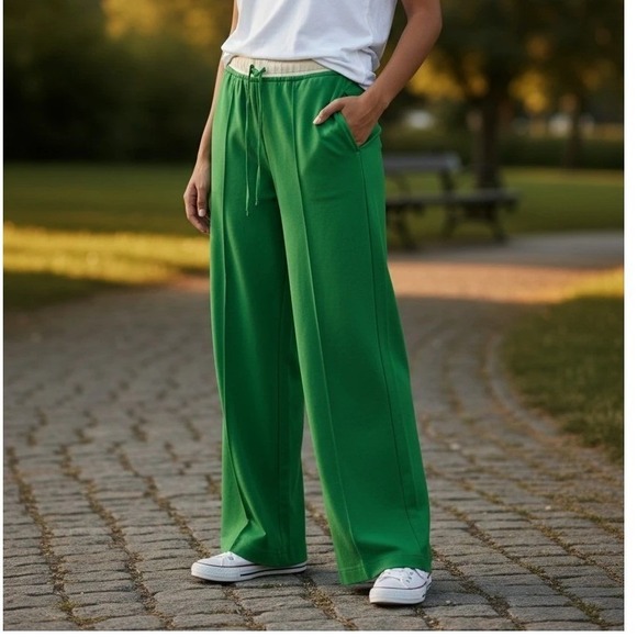 Zara Pants - Zara Wide Leg Pants Elastic Waist Drawstring Size Medium Green Women's